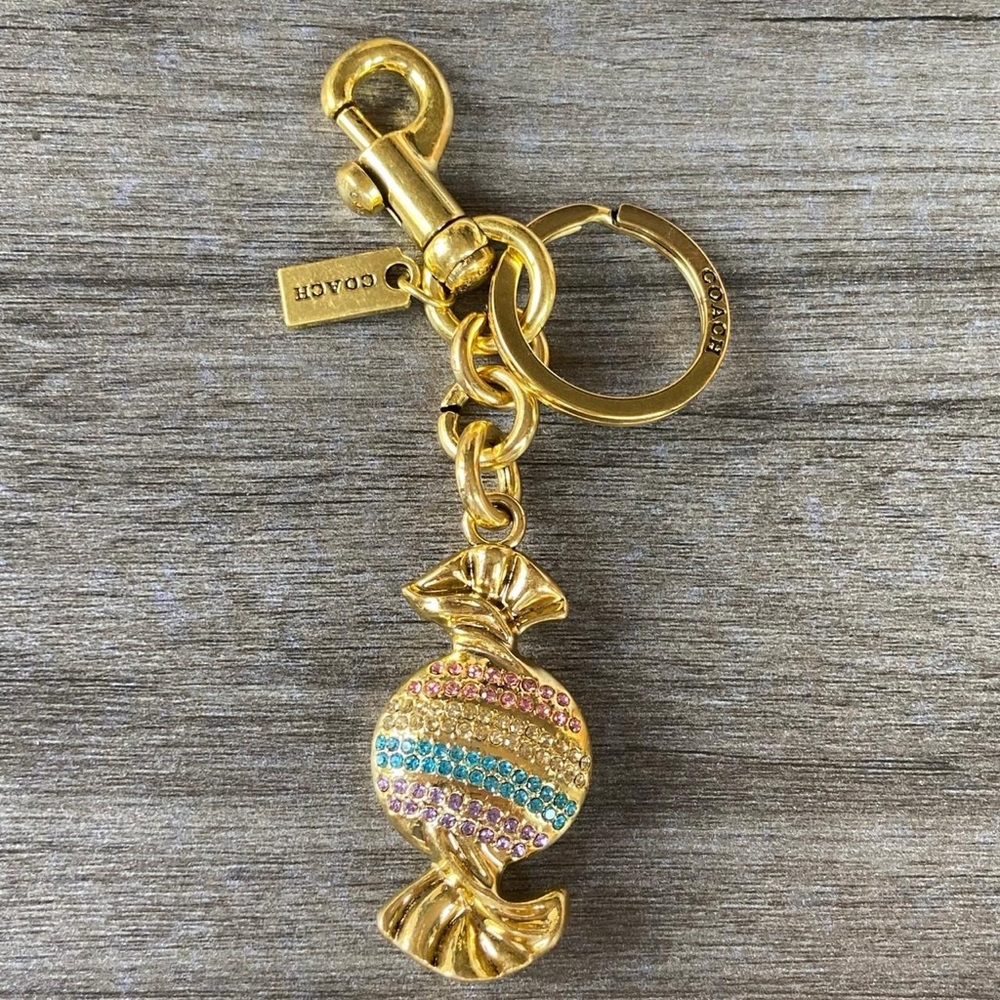 Coach Gold-Tone Candy Key Fob with Pink, Blue, Purple Crystals